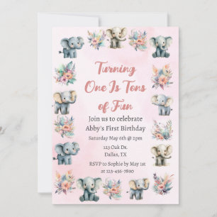 Elephants & Boho Jungle Flowers on Pink Birthday  Invitation