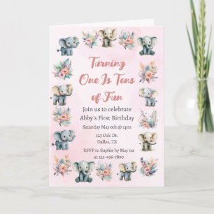 Elephants & Boho Jungle Flowers on Pink Birthday  Invitation