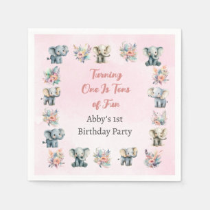 Elephants & Boho Jungle Flowers on Pink Birthday Napkin