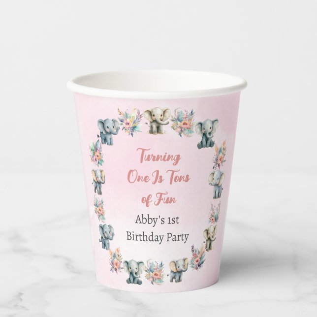 Elephants & Boho Jungle Flowers on Pink Birthday Paper Cups (Front)