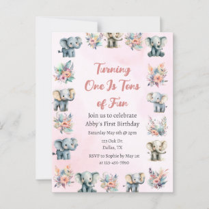 Elephants & Boho Jungle Flowers on Pink Birthday Postcard