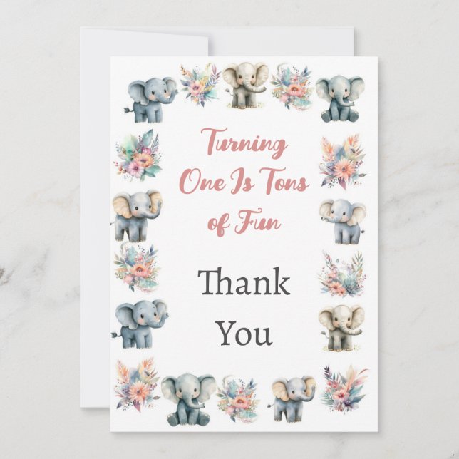 Elephants & Boho Jungle Flowers Thank You Card (Front)