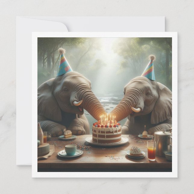 Elephants celebrating, elephant birthday invite (Front)