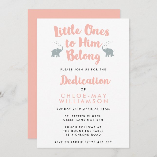 Elephants Christian Dedication Invitation | Coral (Front/Back)