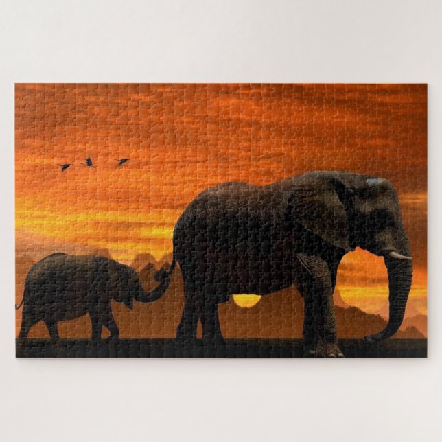 Elephants Family Jigsaw Puzzle At Sunset Sky (Horizontal)