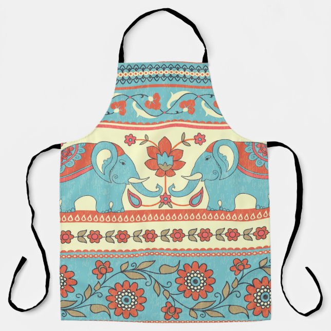 Elephants, flowers, ethnic striped pattern apron (Front)