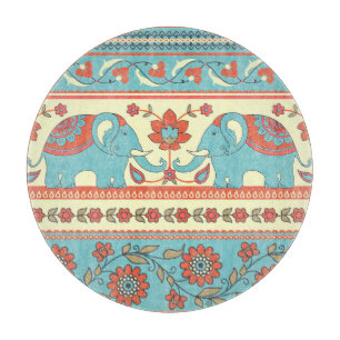 Elephants, flowers, ethnic striped pattern cutting board