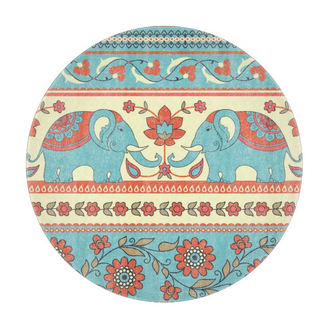 Elephants, flowers, ethnic striped pattern cutting board (Front)