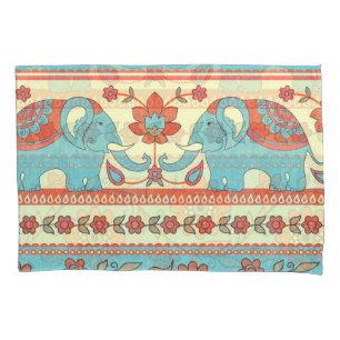 Elephants, flowers, ethnic striped pattern pillowcase