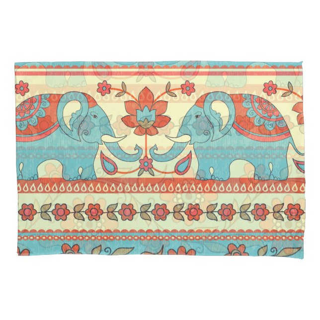 Elephants, flowers, ethnic striped pattern pillowcase (Front)