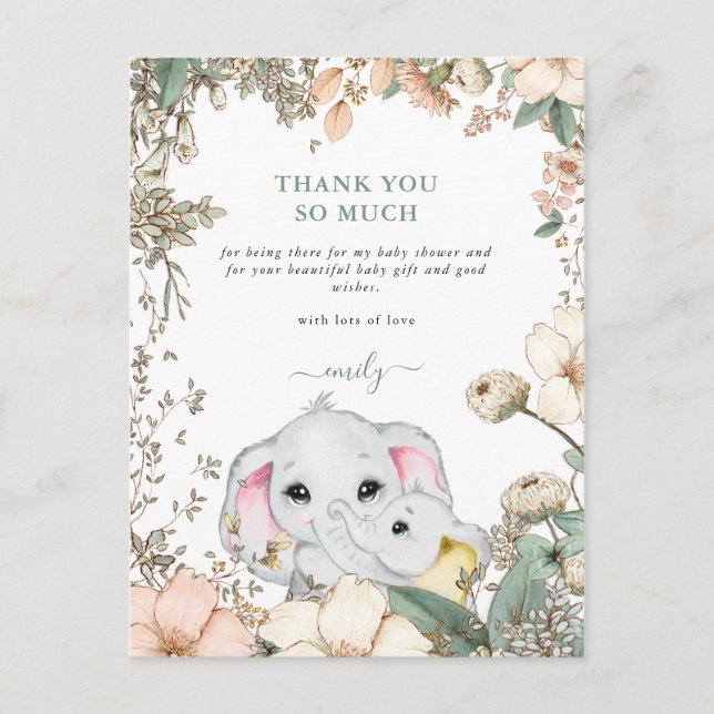 Elephants Foliage Sage Green Baby Shower Thank You Postcard (Front)