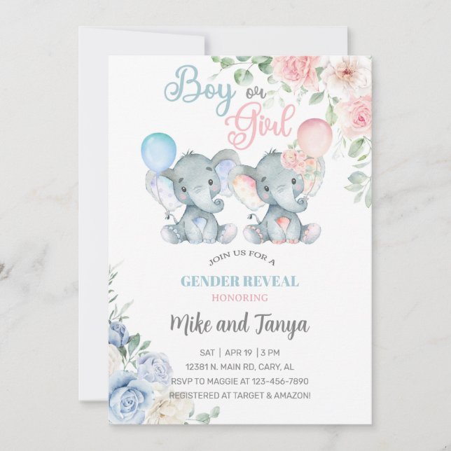 Elephants gender reveal invite, pink blue flowers. invitation (Front)