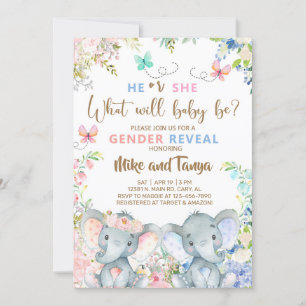 Elephants gender reveal invite, pink blue flowers. invitation