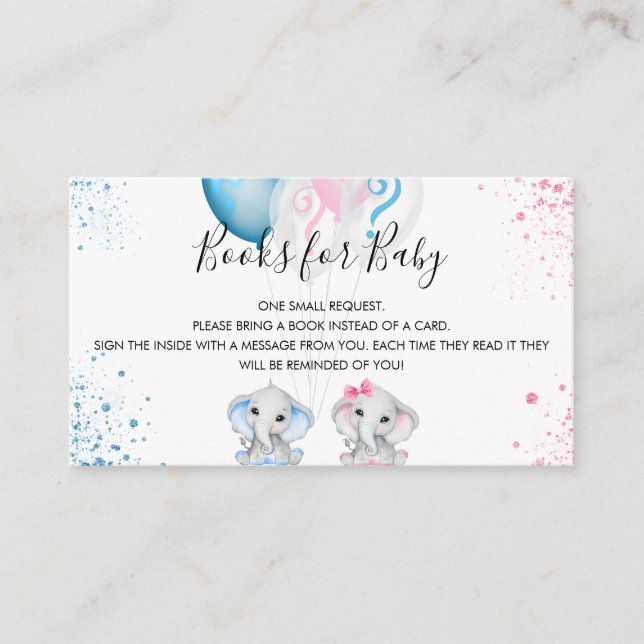 Elephants gender reveal pink blue book request enclosure card (Front)