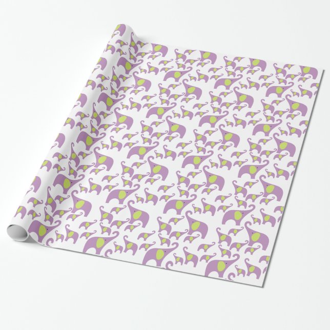Elephants Gift Wrap purple green lavender gift (Unrolled)