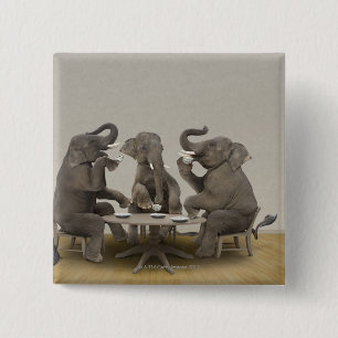 Elephants having tea party 15 cm square badge