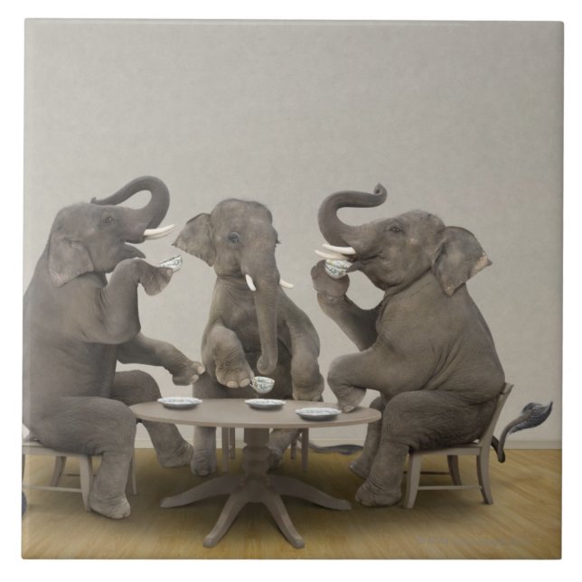 Elephants having tea party ceramic tile (Front)