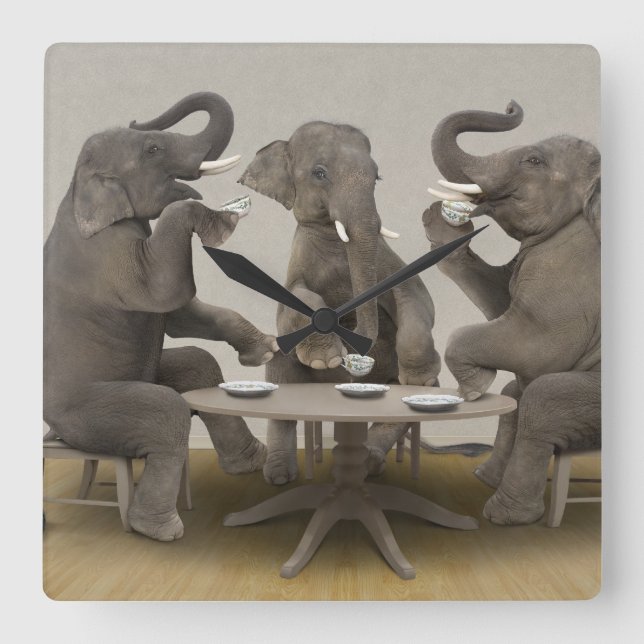 Elephants having tea party square wall clock (Front)