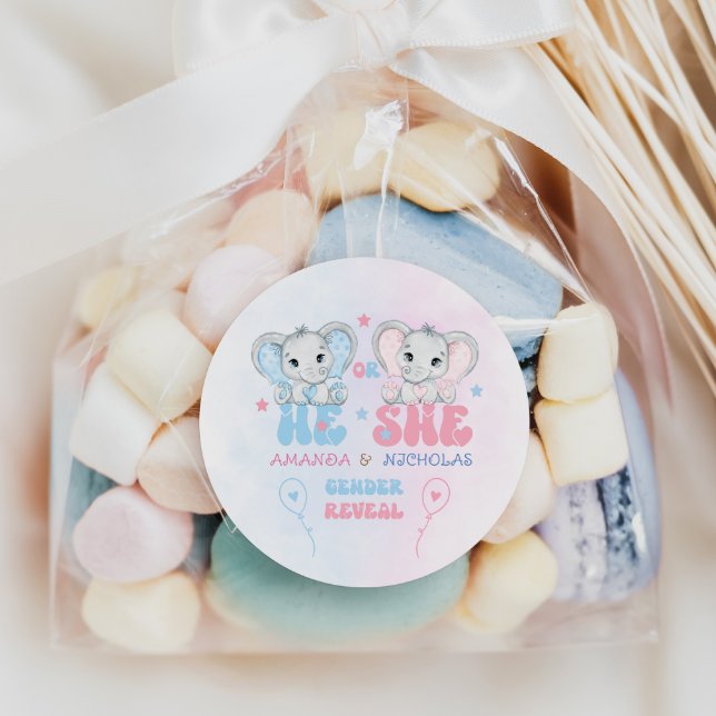 Elephants He or She Pink Blue Gender Reveal  Classic Round Sticker (Creator Uploaded)