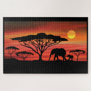 Elephants in the Serengeti Sunset Jigsaw Puzzle