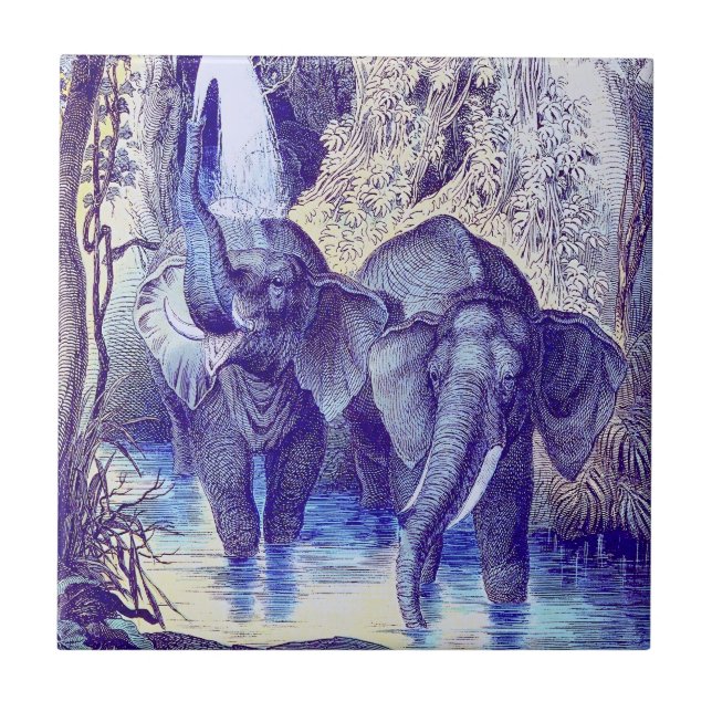 Elephants in Water Ceramic Tile (Front)