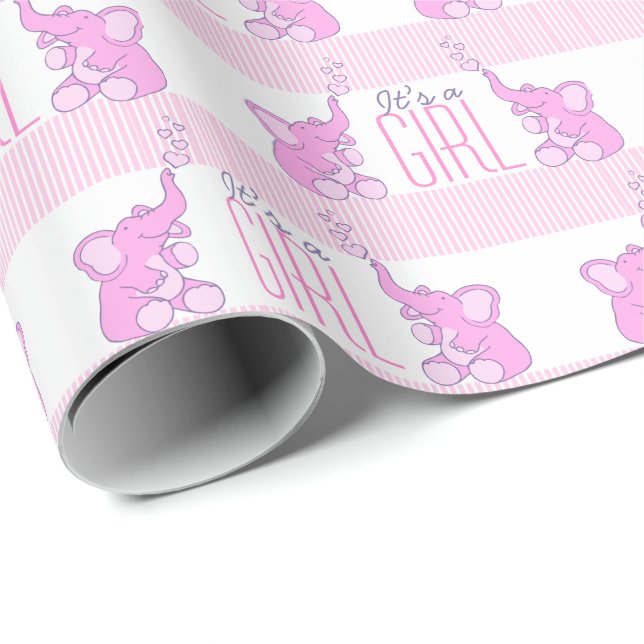 Elephants it's a girl pink baby shower wrap wrapping paper (Roll Corner)