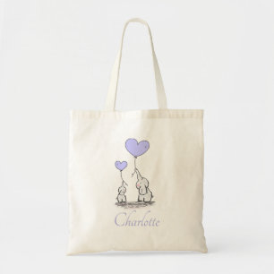 Elephants   Lilac Heart Balloons   Add Name Tote Bag
