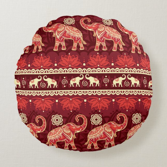 Elephants March: Playful Seamless Pattern. Round Cushion (Front)