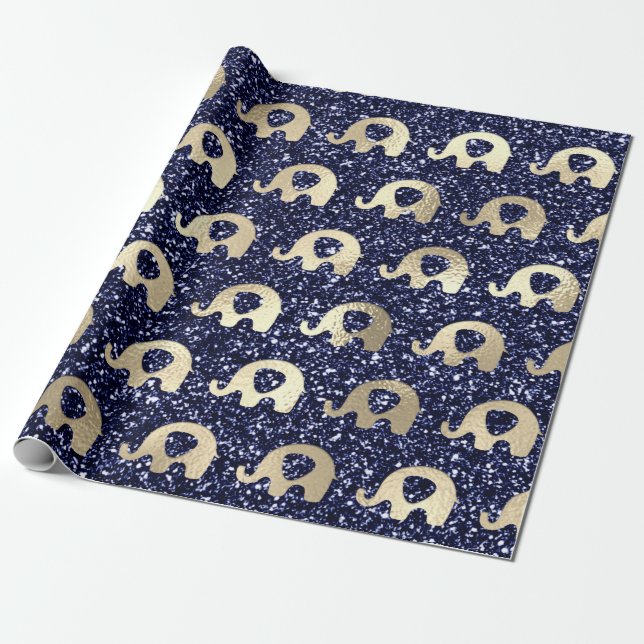 Elephants Metallic Glitter Gold Blue Navy Baby Boy Wrapping Paper (Unrolled)