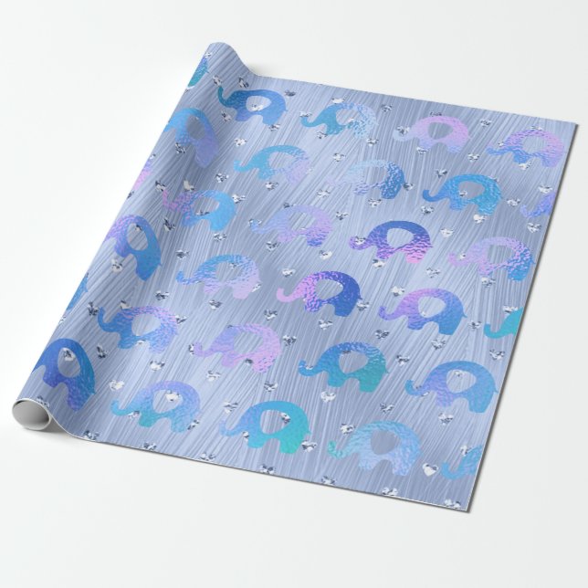 Elephants Metallic Rose Gold Blue Purple Pink Wrapping Paper (Unrolled)