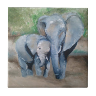 Elephants- Mother and Baby Ceramic Tile