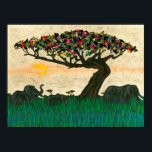 Elephants on the Planes of Africa Poster<br><div class="desc">Planes of Africa I by Alonzo Saunders. The beauty of nature is captured in this artwork,  which features the sun slowly setting as elephants pass a colorful tree on the African planes. | 132934GG</div>