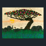 Elephants on the Planes of Africa Poster<br><div class="desc">Planes of Africa I by Alonzo Saunders. The beauty of nature is captured in this artwork,  which features the sun slowly setting as elephants pass a colorful tree on the African planes. | 132934GG</div>