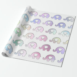 Elephants Pastel Hologram Iridescent White Pink Wrapping Paper