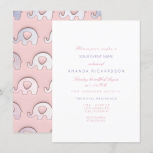 Elephants Pink Blue Pastel Baby Shower White Invitation