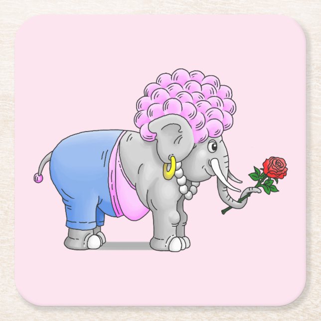 Elephant's red rose for Valentine's Day Square Paper Coaster (Front)