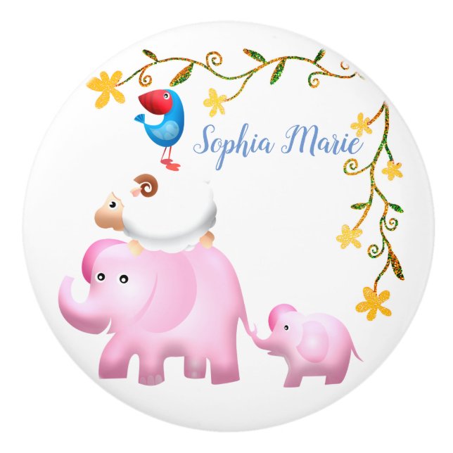 Elephants, Sheep & Bird Animal Tower Ceramic Knob (Front)