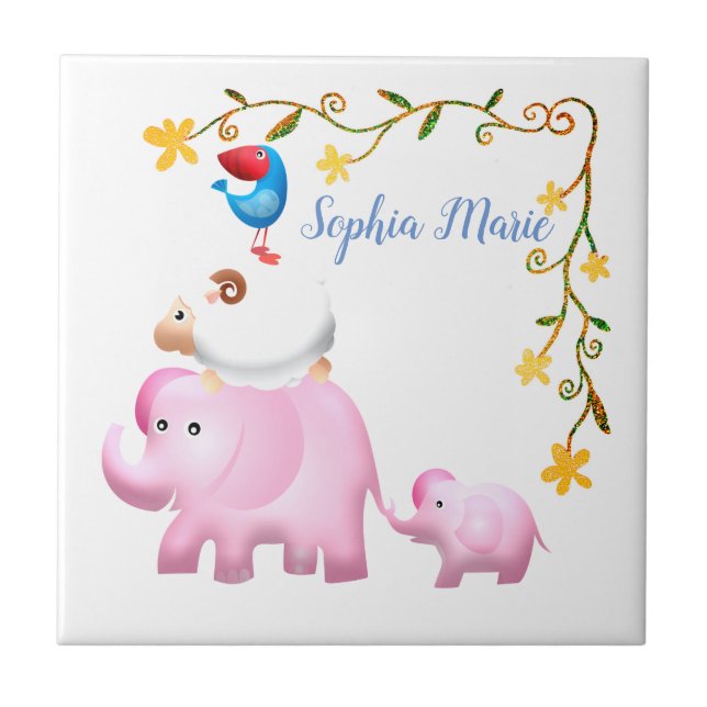 Elephants, Sheep & Bird Animal Tower Ceramic Tile (Front)