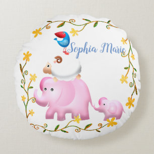 Elephants, Sheep & Bird Animal Tower Round Cushion