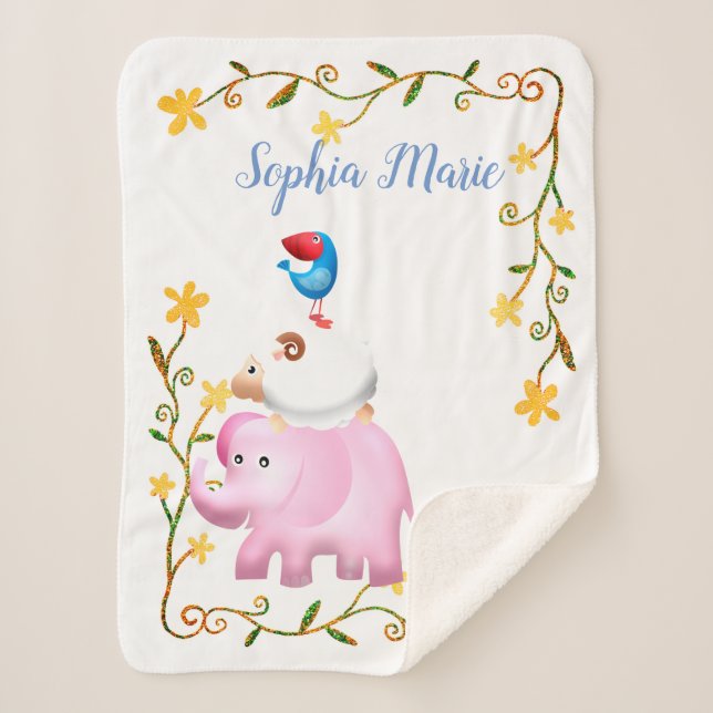 Elephants, Sheep & Bird Animal Tower Sherpa Blanket (Front)
