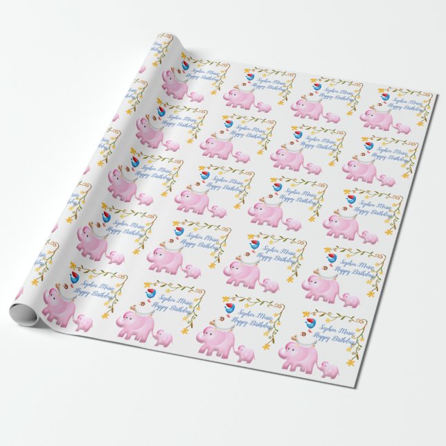 Elephants, Sheep & Bird Animal Tower Wrapping Paper (Unrolled)