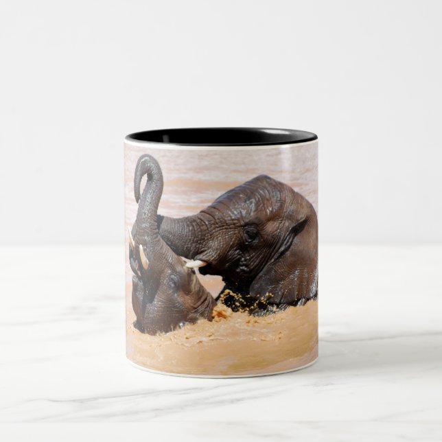 Elephants water world Two-Tone coffee mug (Center)