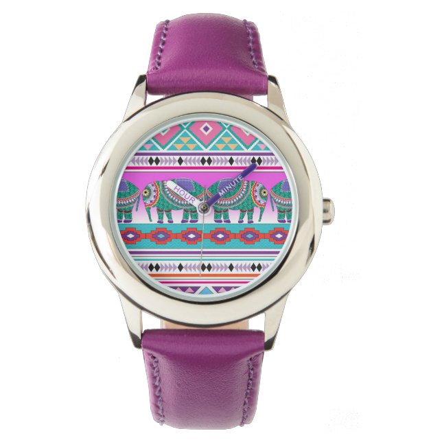 Elephants with Aztec Pattern Cute Watch (Front)
