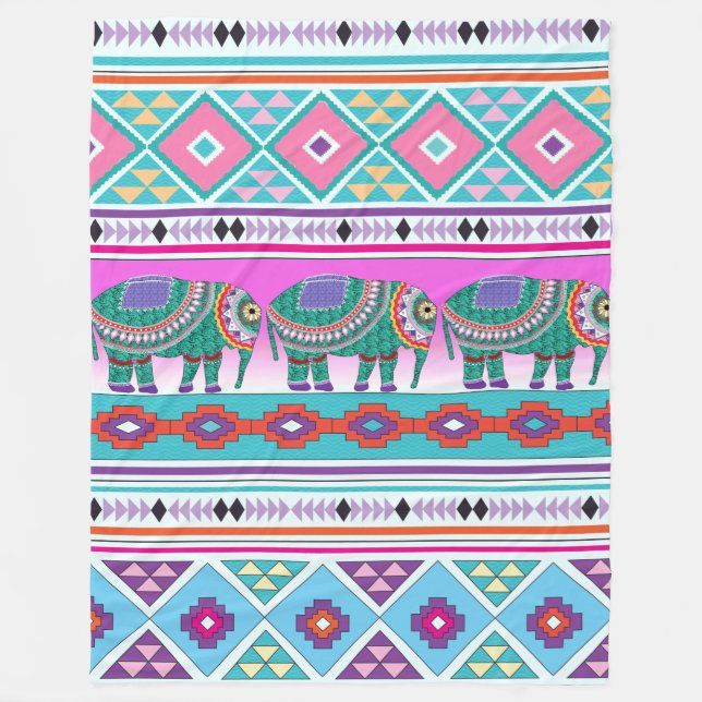 Elephants with Aztec Pattern Fleece Blanket (Front)