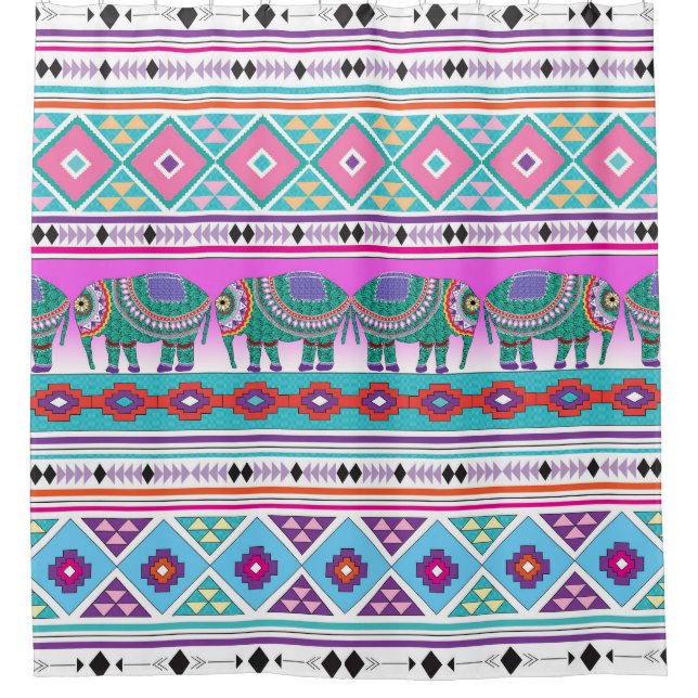 Elephants with Aztec Pattern Shower Curtain (Front)