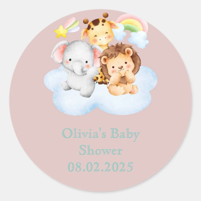 elephany giraffe lion baby shower classic round sticker (Front)