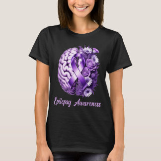 Elepsy Awarenss Floral Brain Purple Ribbon Suprt  T-Shirt