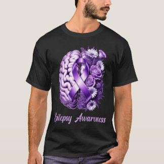 Elepsy Awarenss Floral Brain Purple Ribbon Suprt  T-Shirt