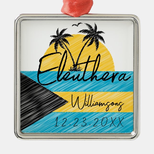 Eleuthera Bahamas Flag Palm Tree Sunset Souvenirs Metal Ornament (Front)