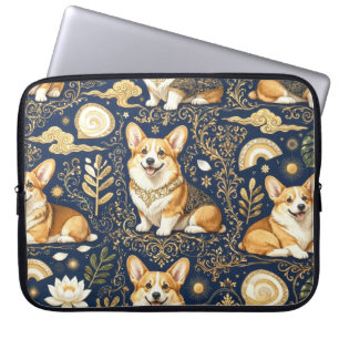 Elevate Corgi Dogs Gold Damask Navy Blue Pattern Laptop Sleeve
